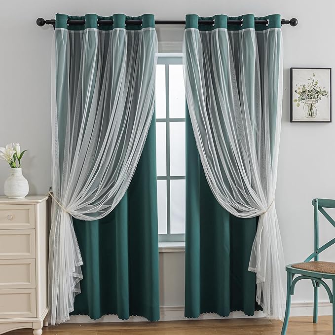 Anytime Home Curtains Blackout and Sheer Layered Solid Window Curtain Panel Pair with Grommet Top, 52Wx95L,Dark Green