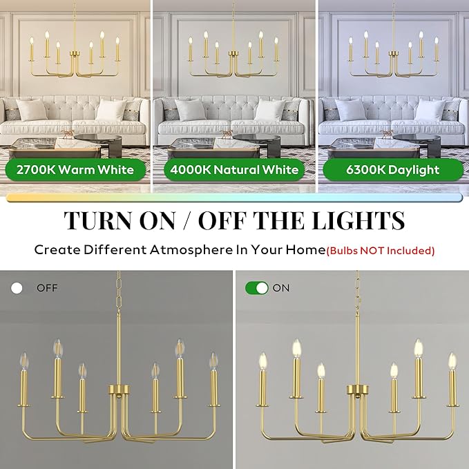 Farmhouse Chandelier, 6-Light Metal Hanging Ceiling Light Fixture for Dining Room, Kitchen Island, Living Room, Entryway, Foyer-Gold