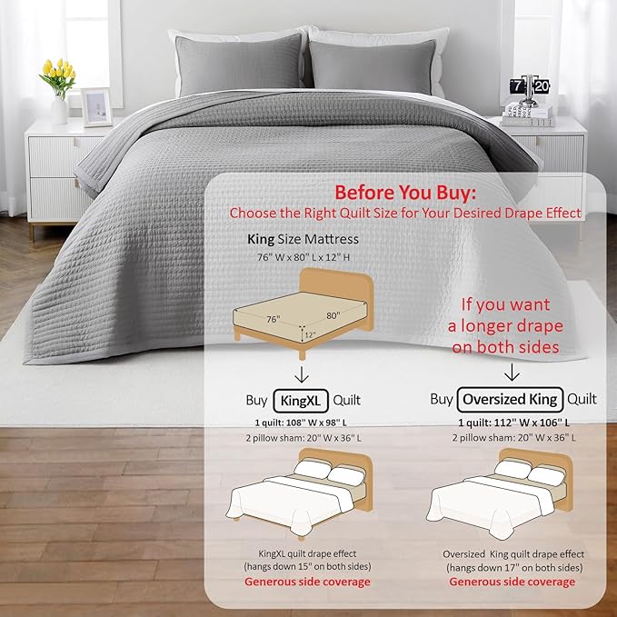 XL King Quilt Set – 108"x98" Soft Washed 3-Layer Lightweight Bedspread with Multi-Lock Quilting, Minimalist Nordic Bedding, All-Season Quilt for Spring & Summer (1 Quilt + 2 Pillow Shams), Grey