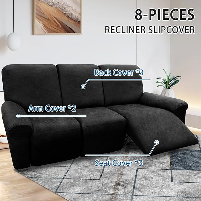 Couch Cover 8-Pieces Sofa Covers Washable Recliner Sofa Covers 3 Seater Leather Look Recliner Slipcovers with Pockets Spandex Fabric Furniture Covers(Recliner Sofa, Black)
