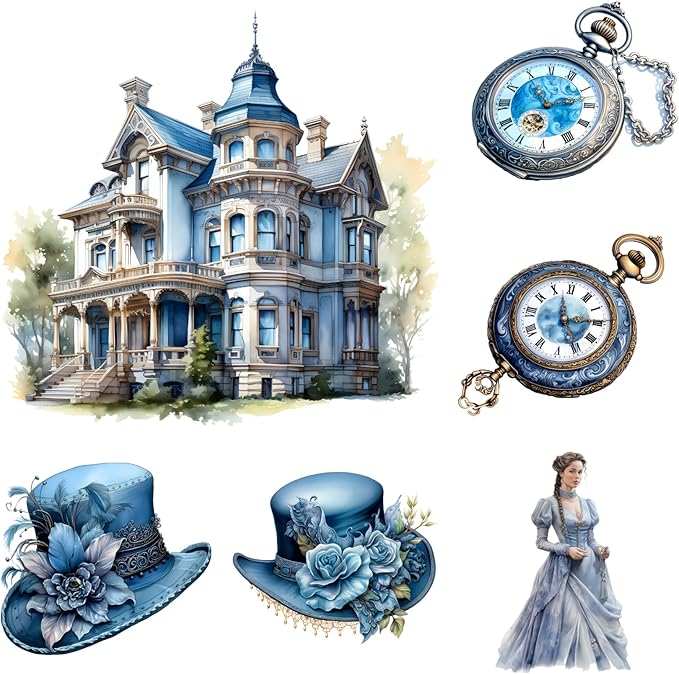 XERE 78 Pcs Blue Victorian Era Scrapbook Stickers Set, Aesthetic Sticker for Scrapbooking and Journaling, Junk Journal Supplies, Bullet Journals Materials, Planner Arts Craft Collage Supplies