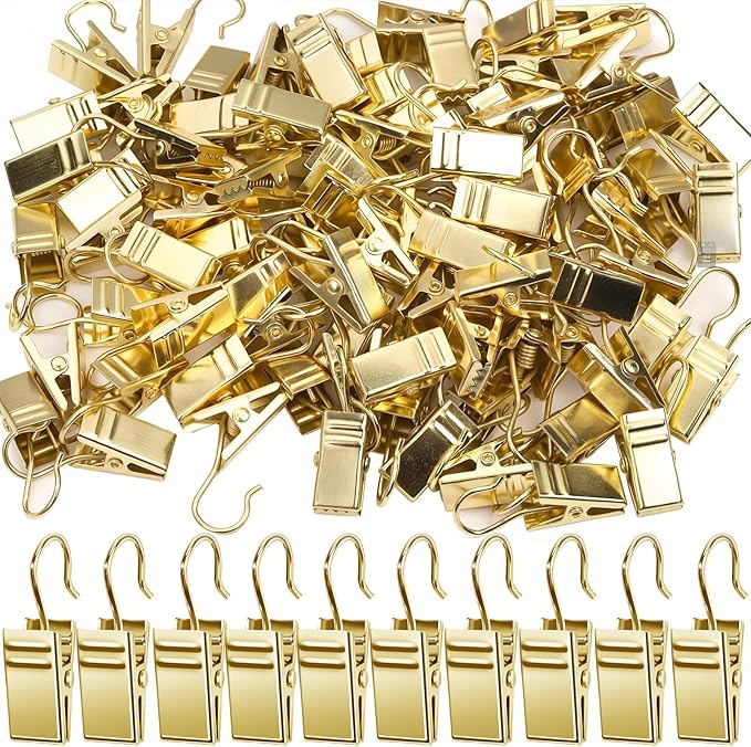 Teenitor 100 Pack Gold Curtain Clips Curtain Hooks, Stainless Steel Small Clips for Hanging Curtains, Outdoor String Lights, Art Craft Display, Gold