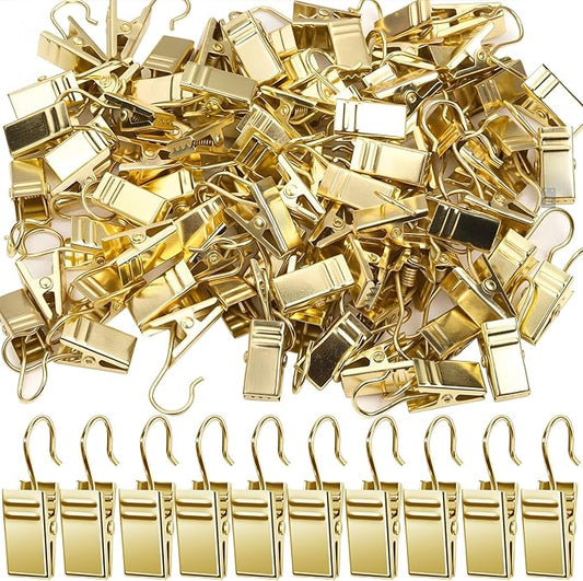 Teenitor 100 Pack Gold Curtain Clips Curtain Hooks, Stainless Steel Small Clips for Hanging Curtains, Outdoor String Lights, Art Craft Display, Gold