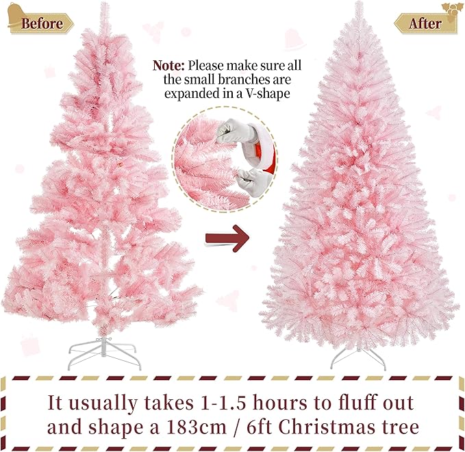 Yaheetech 6ft Pre-lit Artificial Hinged Christmas Tree Prelighted Full Holiday Xmas Tree for Home Party Decoration with 300 Warm White Lights & 818 Branch Tips, Foldable Metal Stand, Pink