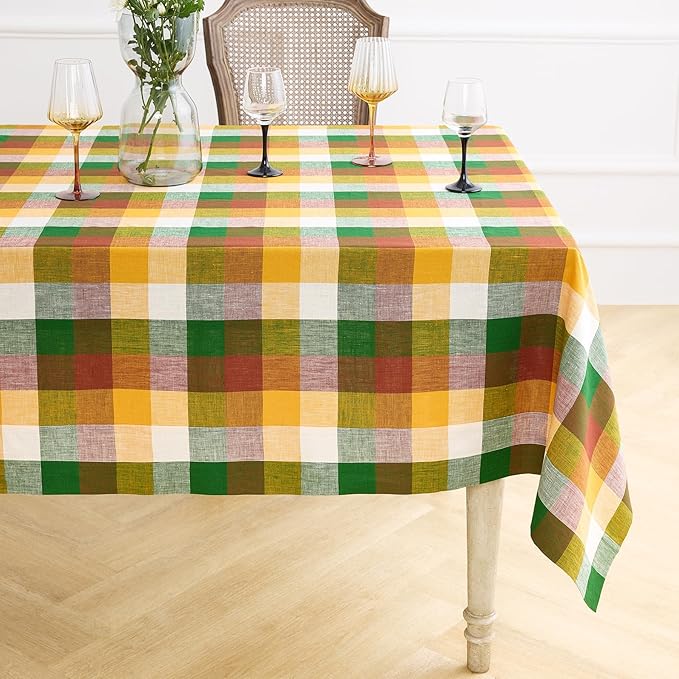 Solino Home Linen Checkered Tablecloth 52 x 52 Inch - 100% Pure Linen Fall Multicolor Buffalo Plaid Square Tablecloth - Machine Washable Table Throw for Autumn, Thanksgiving