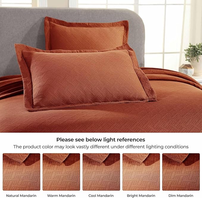 Superior 100% Cotton Basket Weave Bedspread with Shams, All-Season Premium Cotton Matelasse Jacquard Bedding, Quilted-Look Geometric Basket, King, Mandarin