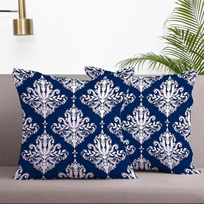 LOVOUS Navy Blue and White Damask Throw Pillow Covers 18x18 Inch Set of 2, Vintage Linen Decorative Pillow Covers for Bed Couch Sofa Bedroom Living Room Home Decor, B37