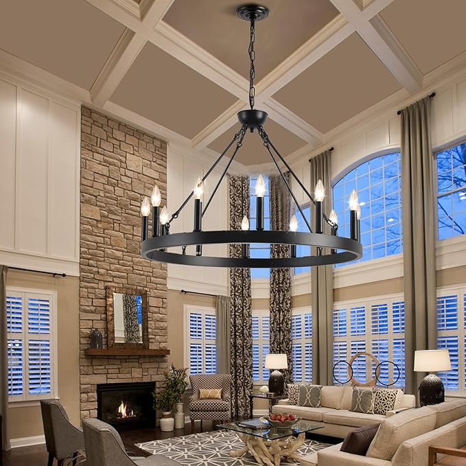 Wagon Wheel Chandelier 32" 12-Light, Round Black Chandeliers Farmhouse Modern Wagon Wheel Light Fixtures, for High Ceiling Dining Living Room, Foyer, Entryway