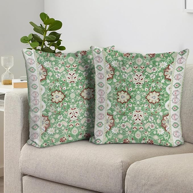 Boho Floral Throw Pillow Covers 18x18 inch Set of 2,Green Boho Rug Geometric Floral Pattern Decor Double Sided Pattern Cushion Cover Soft Pillow Case Living Sofa Room Bed Square Pillow Cover