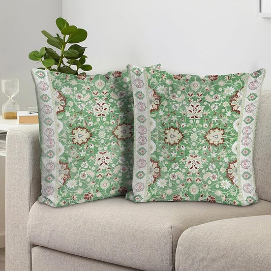 Boho Floral Throw Pillow Covers 18x18 inch Set of 2,Green Boho Rug Geometric Floral Pattern Decor Double Sided Pattern Cushion Cover Soft Pillow Case Living Sofa Room Bed Square Pillow Cover