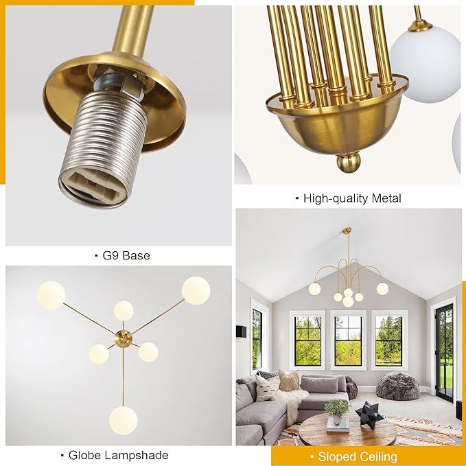 Gold Sputnik Chandelier,6 Lights Modern Chandelier for Dining Room Mid Century Chandelier Large L49” Ceiling Pendant Light Fixtures with Milk Glass Globe Shades for High Ceiling Foyer Living Room