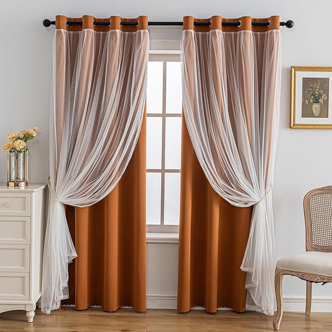 Anytime Home Curtains Blackout and Sheer Layered Solid Window Curtain Panel Pair with Grommet Top, 52Wx95L,Orange