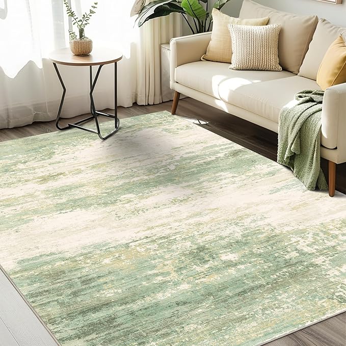 6x9 Modern Abstract Rug Washable Area Rugs for Living Room Bedroom Dining Room Non-Slip Low Pile Neutral Large Rug Soft Indoor Floor Carpet, Green