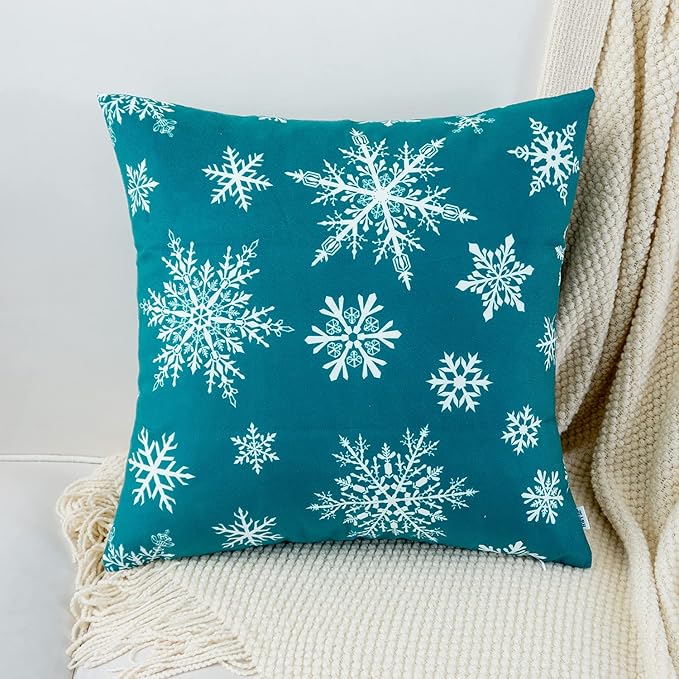 HWY 50 Teal Decorative Throw Pillow Covers 20x20 Inch for Couch Sofa Living Room Bed, Soft Christmas Big and Small Snowflakes Print Throw Pillows Cases Set Cushion Cover Pack of 2