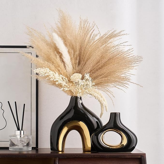 AWNR Black Vase Gold Decor: Set of 2 Ceramic Donut Vase for Home Decor Boho Rustic Vases for Flowers Unique Flower Vase for Living Room Bedroom Mantel Office Shelf Centerpiece Table Decorations