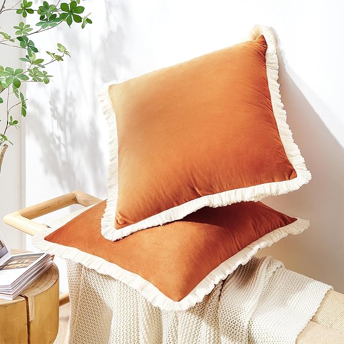 MONDAY MOOSE Decorative Throw Pillow Covers Cushion Cases, Set of 2 Soft Velvet Modern Fringe Tassel Designs, Mix and Match for Home Decor, Pillow Inserts Not Included (Orange, 18x18 inch)
