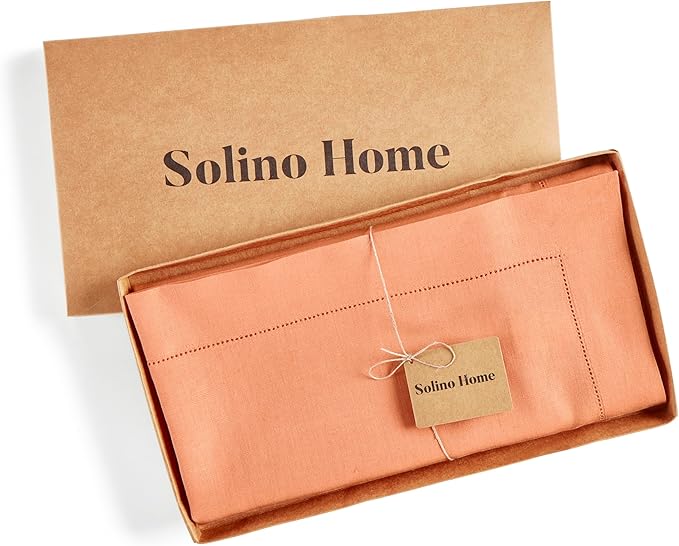 Solino Home Coral Linen Tablecloth 52 x 52 Inch - 100% Pure Linen Square Table Throw - Classic Hemstitch, Machine Washable Table Cloth