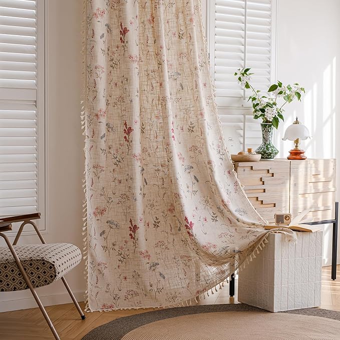 OYX Floral Curtains 2 Panels 52x84 Inches, Boho Tassel Semi-Sheer Light Filtering, Rod Pocket Farmhouse Window Drapes for Bedroom Living Room Dining Room, Bohemian Aesthetic Decor