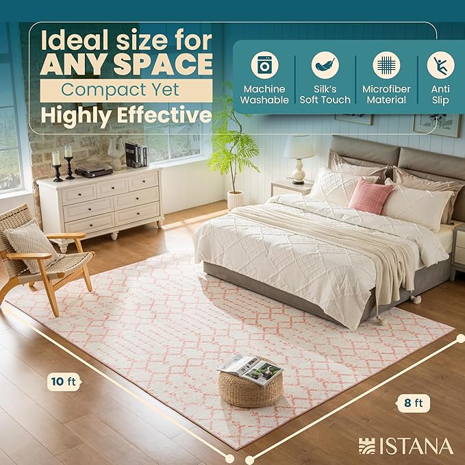 Istana 8x10 Area Rug - Pink 8x10 Rugs for Living Room - Foldable Rugs for Bedroom - Stain Resistant Washable Rug - Eco-Friendly Area Rugs - Easy to Clean Living Room Rug
