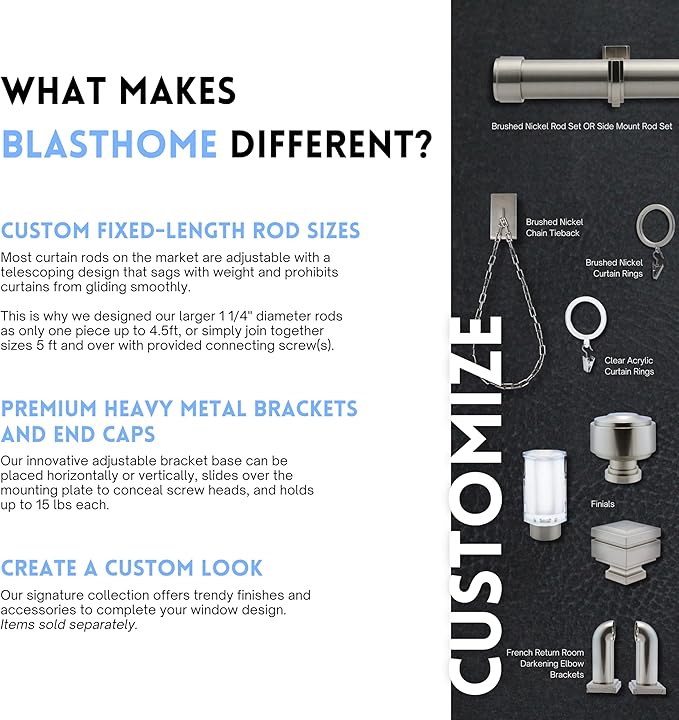 BlastHome® Luxury Curtain Rings – Premium Metal with Quiet, Smooth Nylon Inserts – Pinhooks and Clips Included – 1 1/2" Inside Diameter – 18 Rings for Two Standard Curtains– Brushed Nickel
