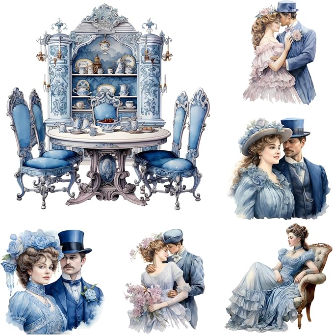 XERE 78 Pcs Blue Victorian Era Scrapbook Stickers Set, Aesthetic Sticker for Scrapbooking and Journaling, Junk Journal Supplies, Bullet Journals Materials, Planner Arts Craft Collage Supplies