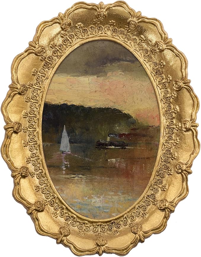FOLKOR Coastal Wall Art with Gold Oval Frame, Beach Landscape Canvas Prints Home Living Room Bedroom Kitchen Decor, Ocean Wall Decor for Tabletop Gallery Wall Hotel Decoration, 4x6