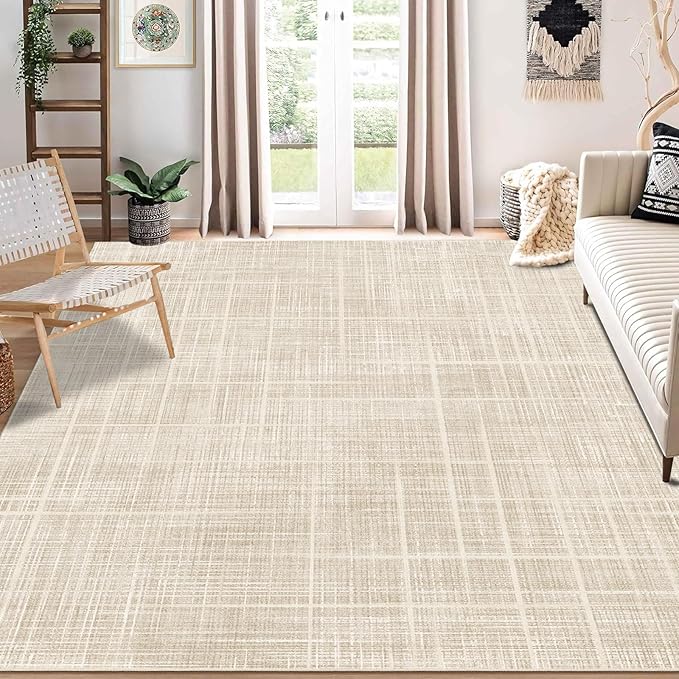 Enkor Area Rugs 8x10 Washable Non Slip Abstract Soft Rugs for Living Room Bedroom, Modern Mat for Kitchen Entryway Beige Grid