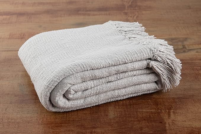 Sticky Toffee Woven Cotton Throw Blanket 60x50 in – Gray Textured Blanket with Fringe for Couch or Bed, Thick and Durable, Boho Decorative Style