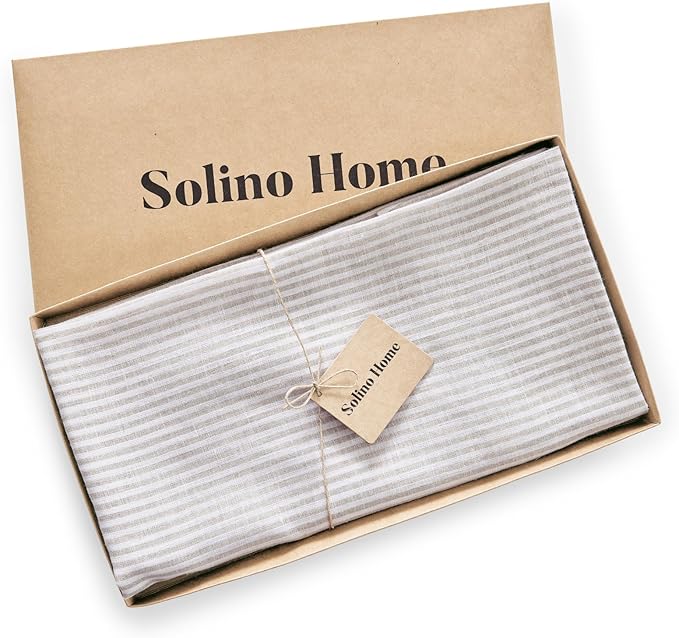 Solino Home Linen 60 Inch Round Tablecloth - Narrow Stripe, 100% Pure Linen Natural and White Round Tablecloth - Machine Washable Table Cloth for Fall, Autumn, Thanksgiving, Christmas, Holiday