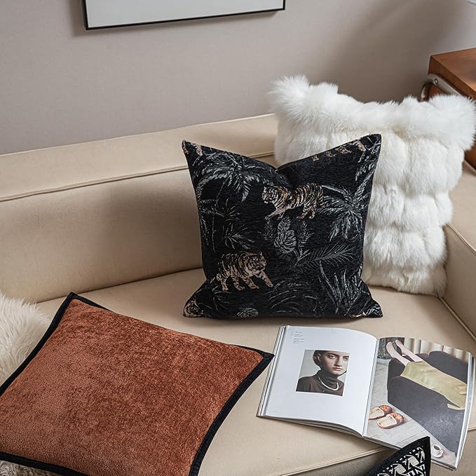 New 18x18'' inches Throw Pillow Cushion Covers - Black Color with Chenille Jacquard Embroidery Golden Tiger Luxury Modern Style Couch Sofa Bed Pillow Cover for Living Room Bedroom