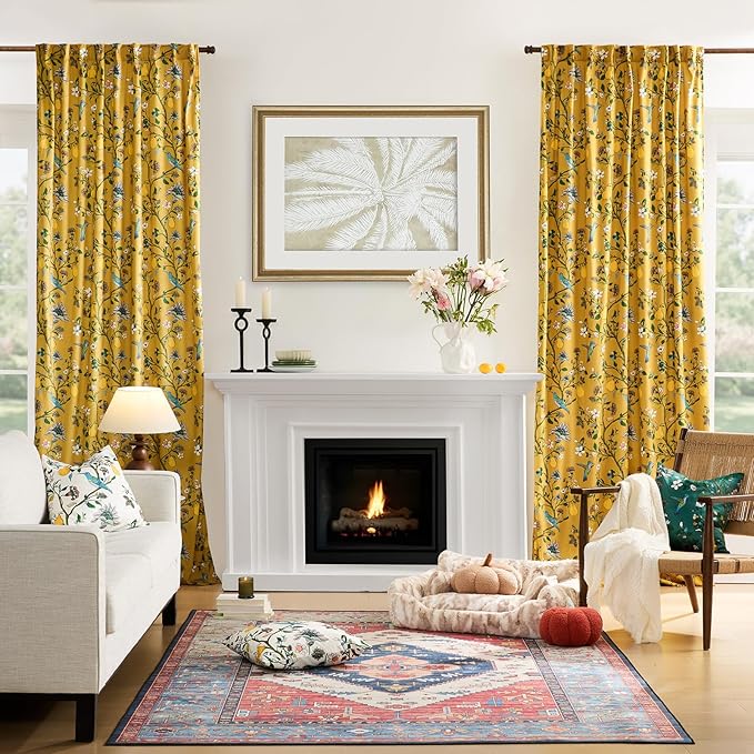Mustard Yellow Vintage Velvet Curtains 102 inches for Living Room,Victorian Whimsical Botanical Floral Blackout Room Darkening Curtain Drapes,2 Panels Mid Century Anthropologie Bedroom Window Curtains