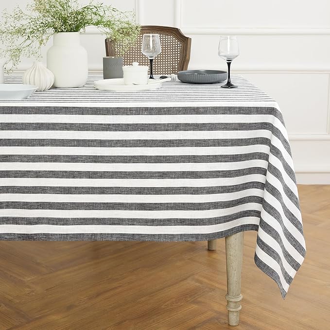 Solino Home Linen Tablecloth 60 x 90 Inch - Sorrento Stripe 100% Pure Linen Black and White Table Cloth for Rectangle Tables - Machine Washable Tablecloth for Fall, Autumn