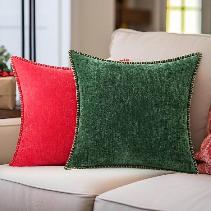 decorUhome Christmas Chenille Soft Throw Pillow Covers 16x16 Set of 2, Farmhouse Velvet Neutral Decorative Euro Pillow Covers with Stitched Edge for Couch Sofa Bed Home Decor, Christmas Red