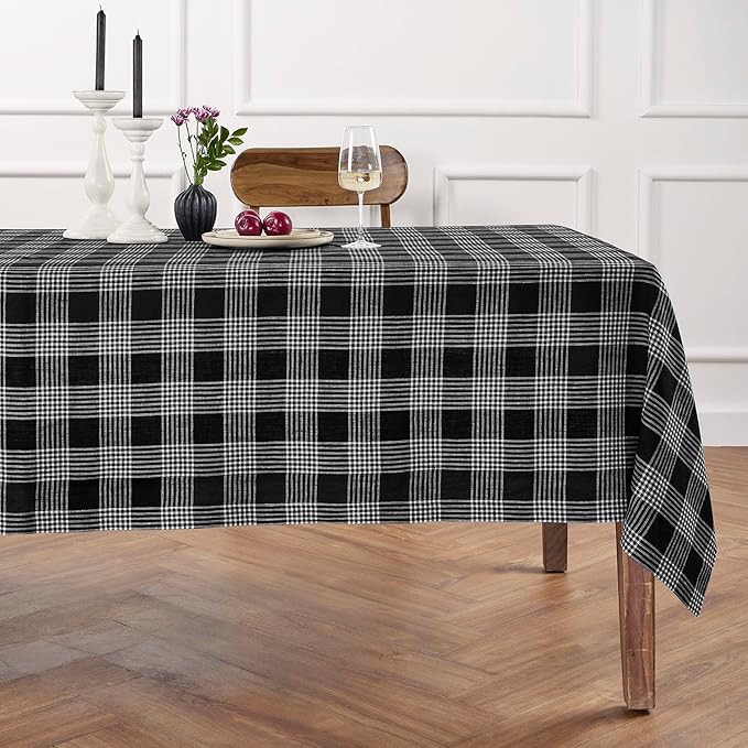 Solino Home Linen Plaid Tablecloth 60 x 108 Inch - 100% Pure Linen Glen Check Black and White Table Cloth for Rectangle Tables - Machine Washable Tablecloth for Fall, Winter, Thanksgiving, Holiday