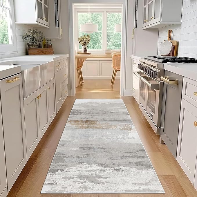 Enkor Runner Rugs for Hallway, 2'7"x8 Washable Soft Non Slip Abstract Rugs for Kitchen, Modern Mat for Entryway Living Room Bedroom Brown & Grey