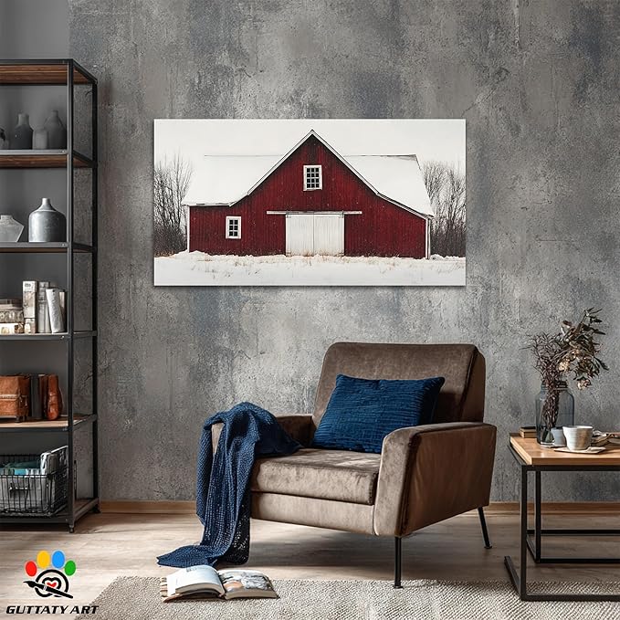 GUTTATY Christmas Winter Scene Canvas Wall Art, Red Barn Snowy Landscape Canvas Painting, Rustic Wall Decor Print for Holiday Living Room, Bedroom, Seasonal Wall Hanging Poster Picture, 32x16 Inch