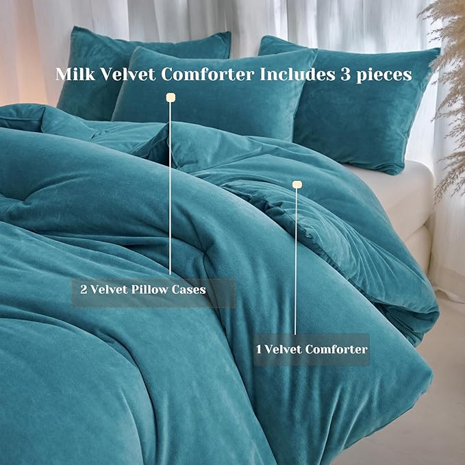 Velvet Comforter Set Twin Size, Blue Fluffy Velvet 3 Piece, Soft Breathable Luxury Winter Warm Bedding Sets, with 1 Cozy Comforter, 2 Pillow Shams (Teal)