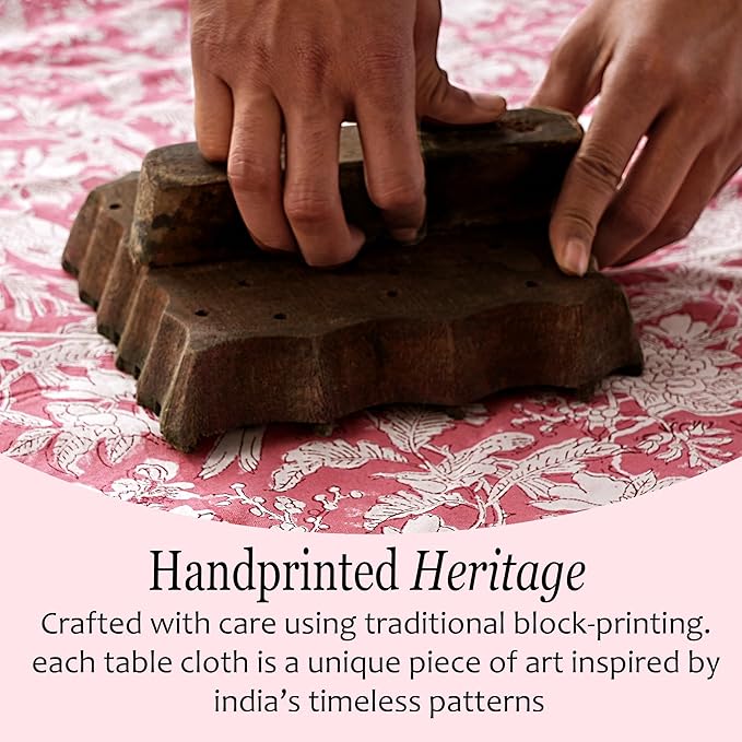 CPC Tablecloth 100% Cotton 72x160 Inch Indian Block Print Rectangle Table Cover, Pink Table Cloth for Weddings, Spring/Summer, Barbeque - Pink Coral