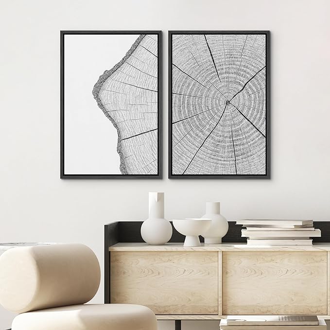 SIGNWIN Framed Canvas Print Wall Art Set Wood Grain Cross Section Minimalist Tree Ring Line Zen Bohemian for Living Room, Bedroom, Office - 16"x24"x2 BLACK