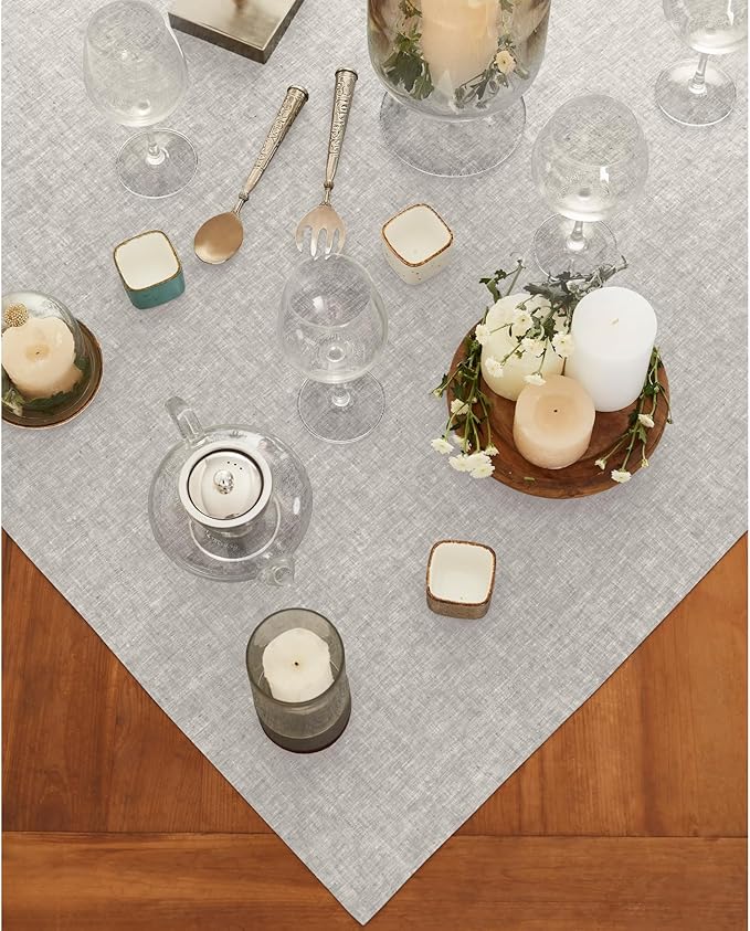 Solino Home Linen Tablecloth 52 x 52 Inch - 100% Pure Linen Square Table Throw - Athena, Machine Washable Oyster Grey Tablecloth for Fall, Autumn, Thanksgiving