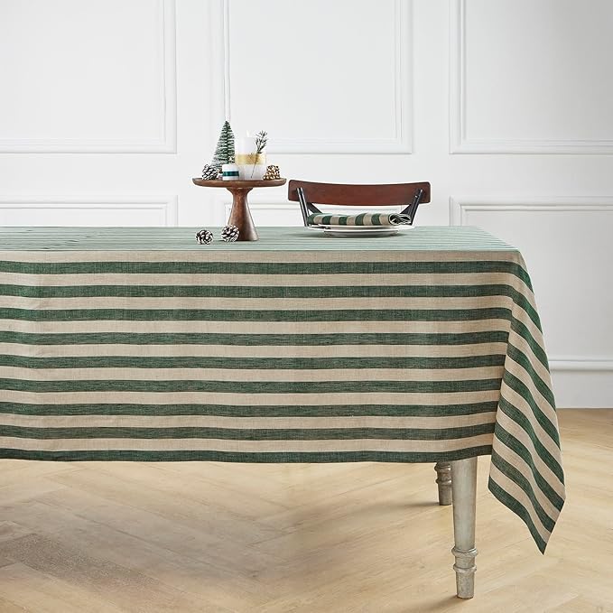 Solino Home Linen Tablecloth 52 x 52 Inch - Sorrento Stripe, 100% Pure Linen Hunter Green and Natural Square Tablecloth - Machine Washable Table Throw for Fall, Autumn, Thanksgiving, Christmas, Winter