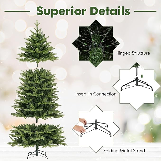 Happygrill 7 FT Pre-Lit Artificial Christmas Tree, Hinged Xmas Tree w/1646 Branch Tips, 470 LED Lights, 11 Lighting Modes, 3 Auto Timers, 4-Level Brightness & Remote Control, Decoration Tree for Party