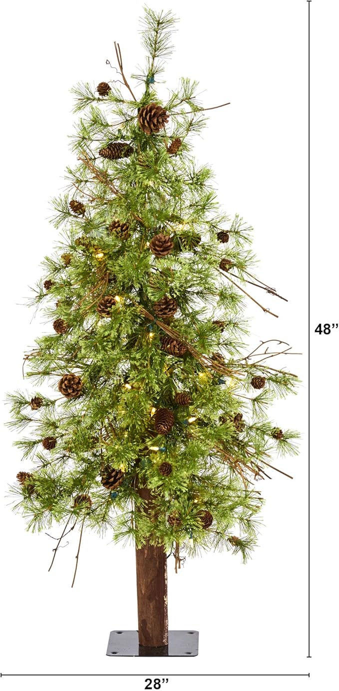 Nearly Natural 4ft. Wyoming Alpine Artificial Christmas Tree with 50 Clear (Multifunction) LED Lights and Pine Cones on Natural Trunk