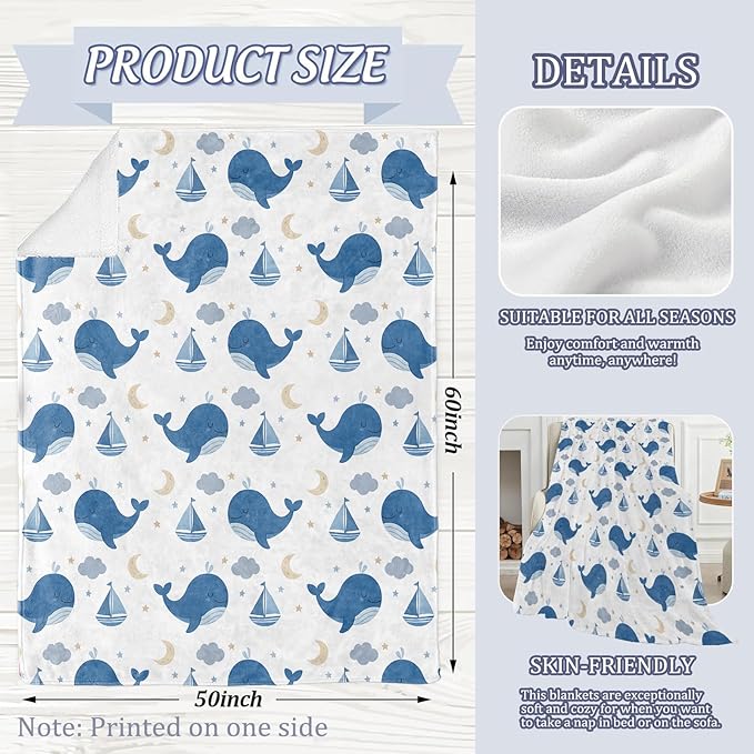 Cute Whale Blanket, Nautical Ocean Theme 80 x 60 Inch Flannel Throw Blanket, Gifts for Women Kids, Lightweight Cozy Warm Blankets for Sofa Travel Home Decor