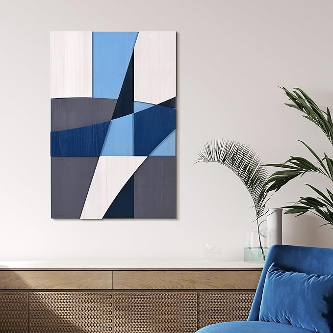 Empire Art Direct "Whispers of Blues I Hand Made & Hand Finished Solid Wood Abstracts, Ready to Hang, Living Room, Bedroom & Office, 36" x 24"x 1.42"