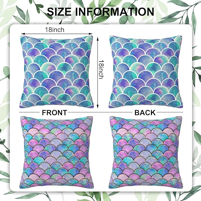 Throw Pillow Covers Mermaid Fish Scale Pillow Covers 18x18 Inch Set of 2 Watercolor Rainbow Scales Throw Pillows Decorative Pillow Cases Cushion Covers for Bedroom Livingroom Sofa Farm House