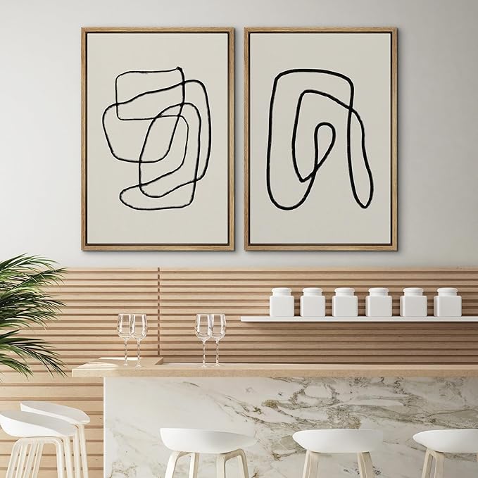 SIGNWIN Framed Wall Art Print Set Black Lines Over Tan Plain Background Abstract Swirly Cozy Neutral Modern Art Mid-Century Modern Expressive for Living Room, Bedroom, Office - 24"x36"x2 Panels