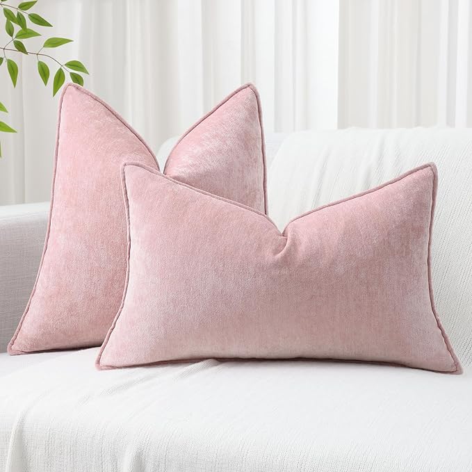 decorUhome Christmas Couch Throw Pillow Covers 18x18 Set of 2, Decorative Soft Euro Velvet Neutral Chenille Pillow Covers with Elegant Design for Sofa Bed Living Room Home Decor, Blush Pink