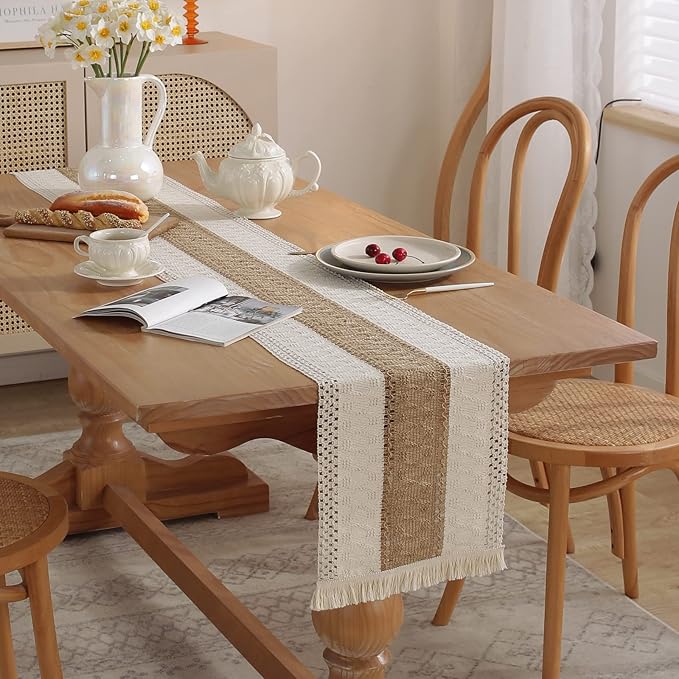 Boho Burlap Macrame Table Runner, Farmhouse Style Cotton Linen Rustic Woven Table Runner with Tassels for Dining, Wedding, Bridal Shower, Bohemian (12x108 inch, Coffee Stripe)