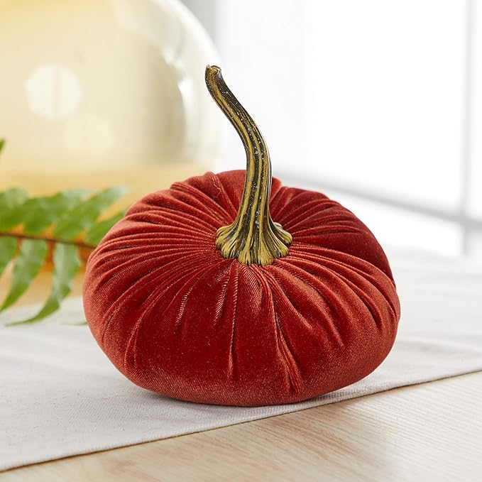 Set of 3 Velvet 6.25 Inch Pumpkins, orange pumpkin decor, Thanksgiving centerpiece, hygge home, elegant bookshelf accent, Halloween indoor decor, tiered tray accent for kitchen (Rust, Gold, Olive)